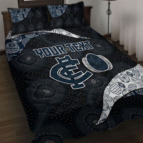 Personalized Carlton Football Quilt Bed Set Easter Egg Pattern Navy Monochrome Tribal Dot Style