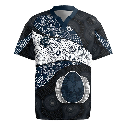 Personalized Carlton Football Rugby Jersey Easter Egg Pattern Navy Monochrome Tribal Dot Style