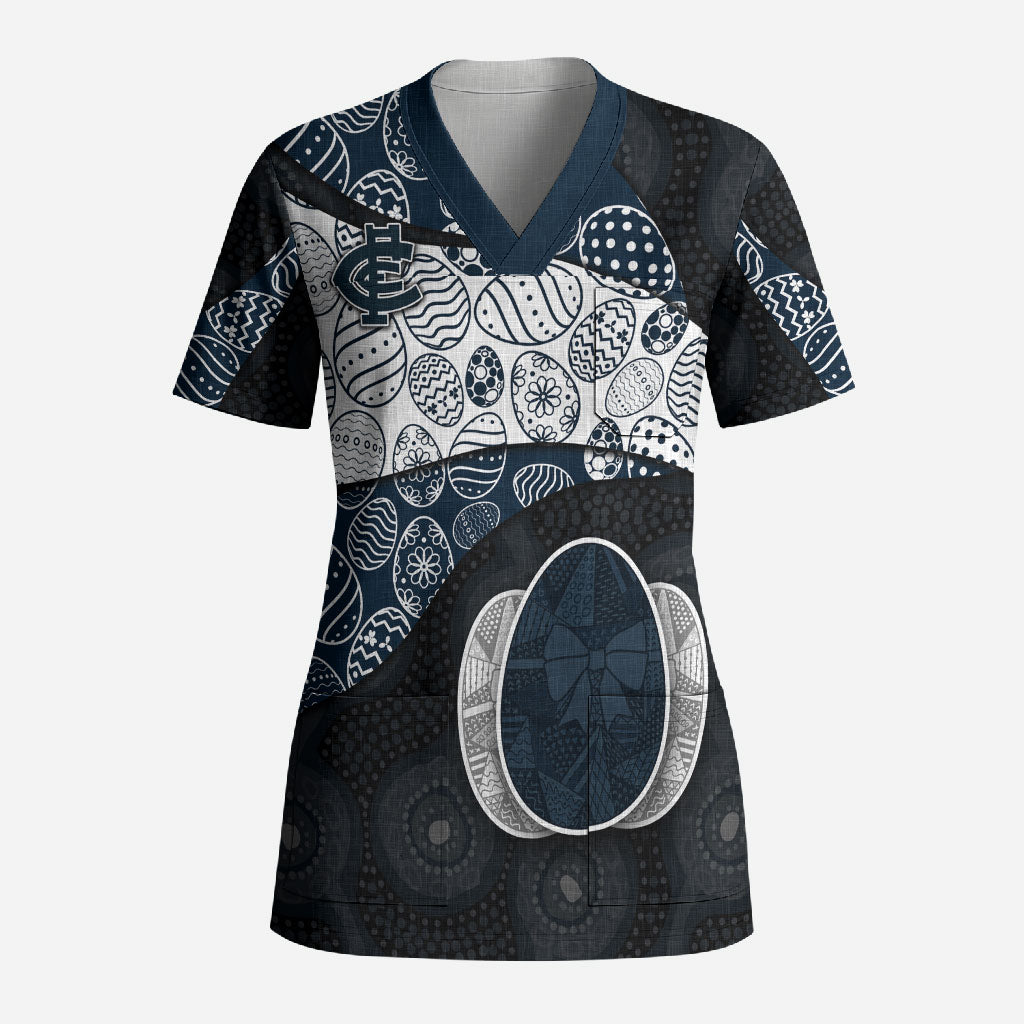 Personalized Carlton Football Scrub Top Easter Egg Pattern Navy Monochrome Tribal Dot Style