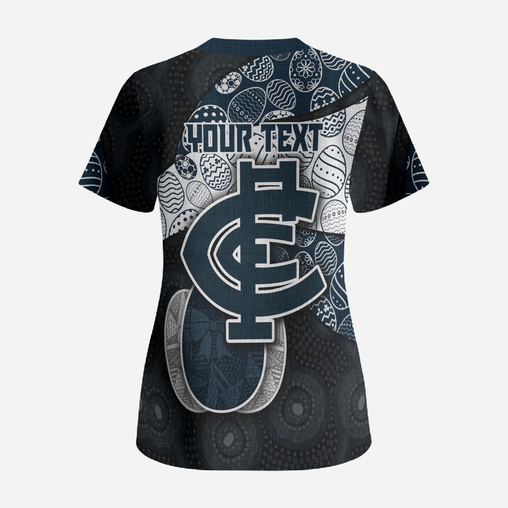 Personalized Carlton Football Scrub Top Easter Egg Pattern Navy Monochrome Tribal Dot Style
