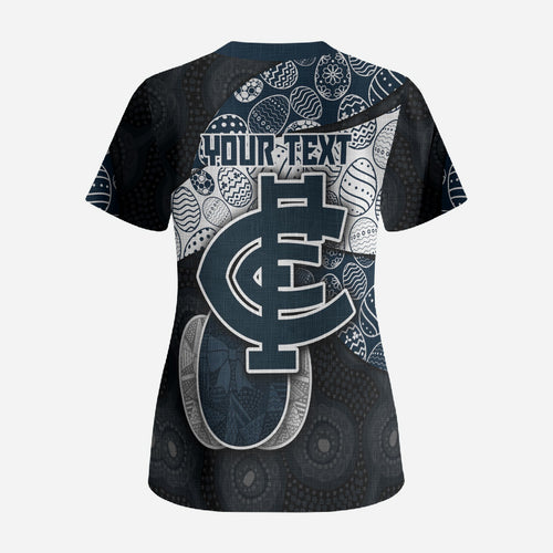 Personalized Carlton Football Scrub Top Easter Egg Pattern Navy Monochrome Tribal Dot Style
