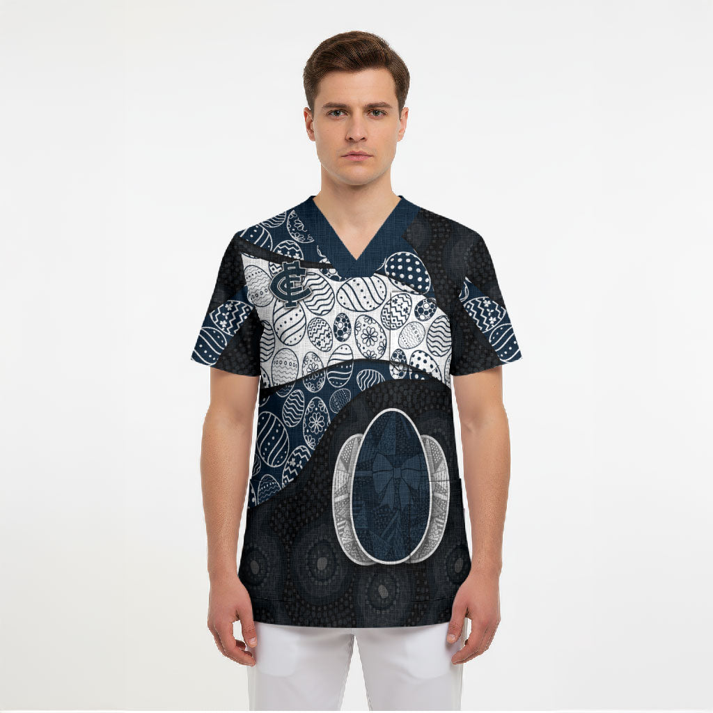 Personalized Carlton Football Scrub Top Easter Egg Pattern Navy Monochrome Tribal Dot Style