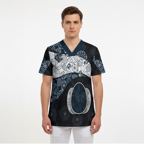 Personalized Carlton Football Scrub Top Easter Egg Pattern Navy Monochrome Tribal Dot Style