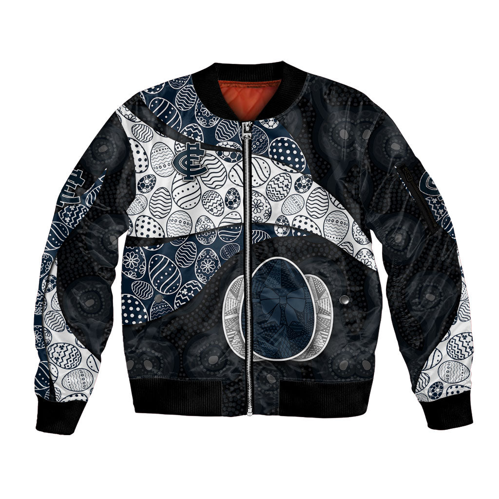 Personalized Carlton Football Sleeve Zip Bomber Jacket Easter Egg Pattern Navy Monochrome Tribal Dot Style