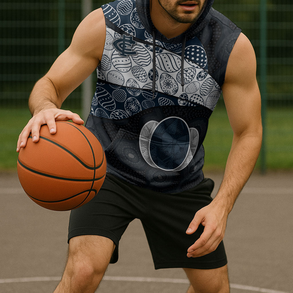 Personalized Carlton Football Sleeveless Hoodie Easter Egg Pattern Navy Monochrome Tribal Dot Style