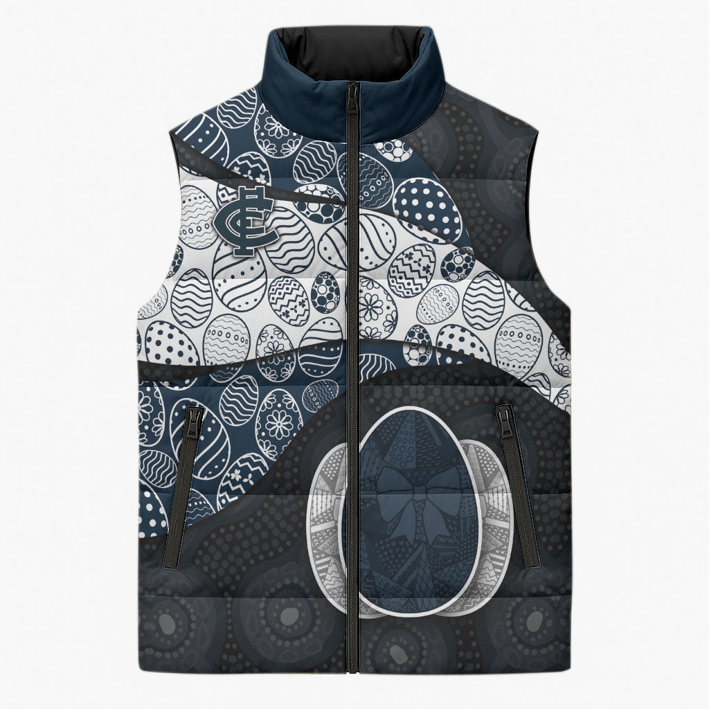 Personalized Carlton Football Sleeveless Puffer Jacket Easter Egg Pattern Navy Monochrome Tribal Dot Style