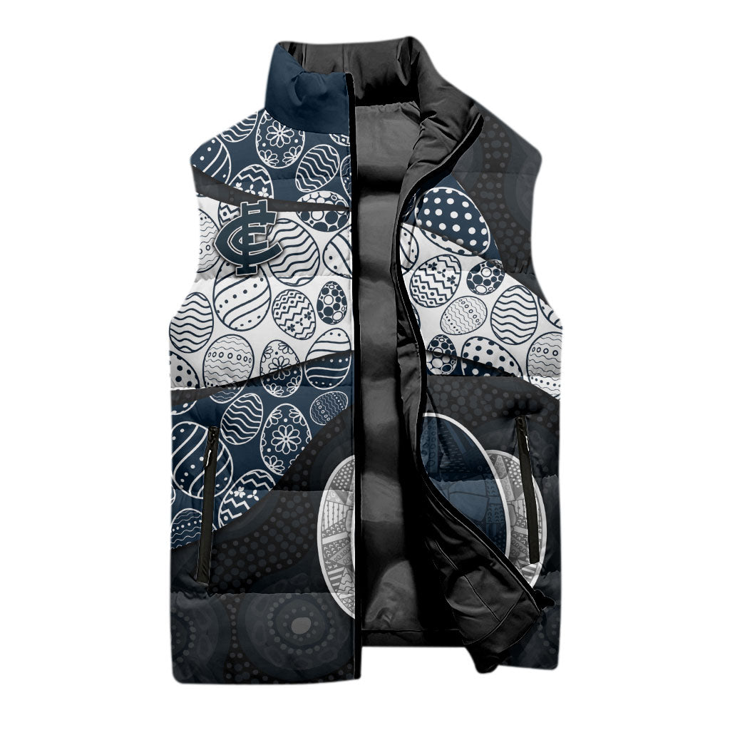 Personalized Carlton Football Sleeveless Puffer Jacket Easter Egg Pattern Navy Monochrome Tribal Dot Style