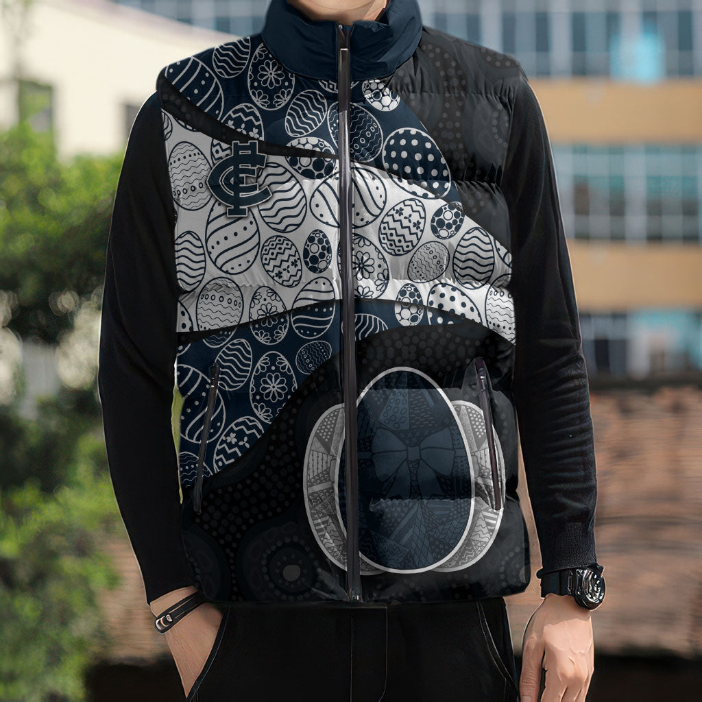 Personalized Carlton Football Sleeveless Puffer Jacket Easter Egg Pattern Navy Monochrome Tribal Dot Style