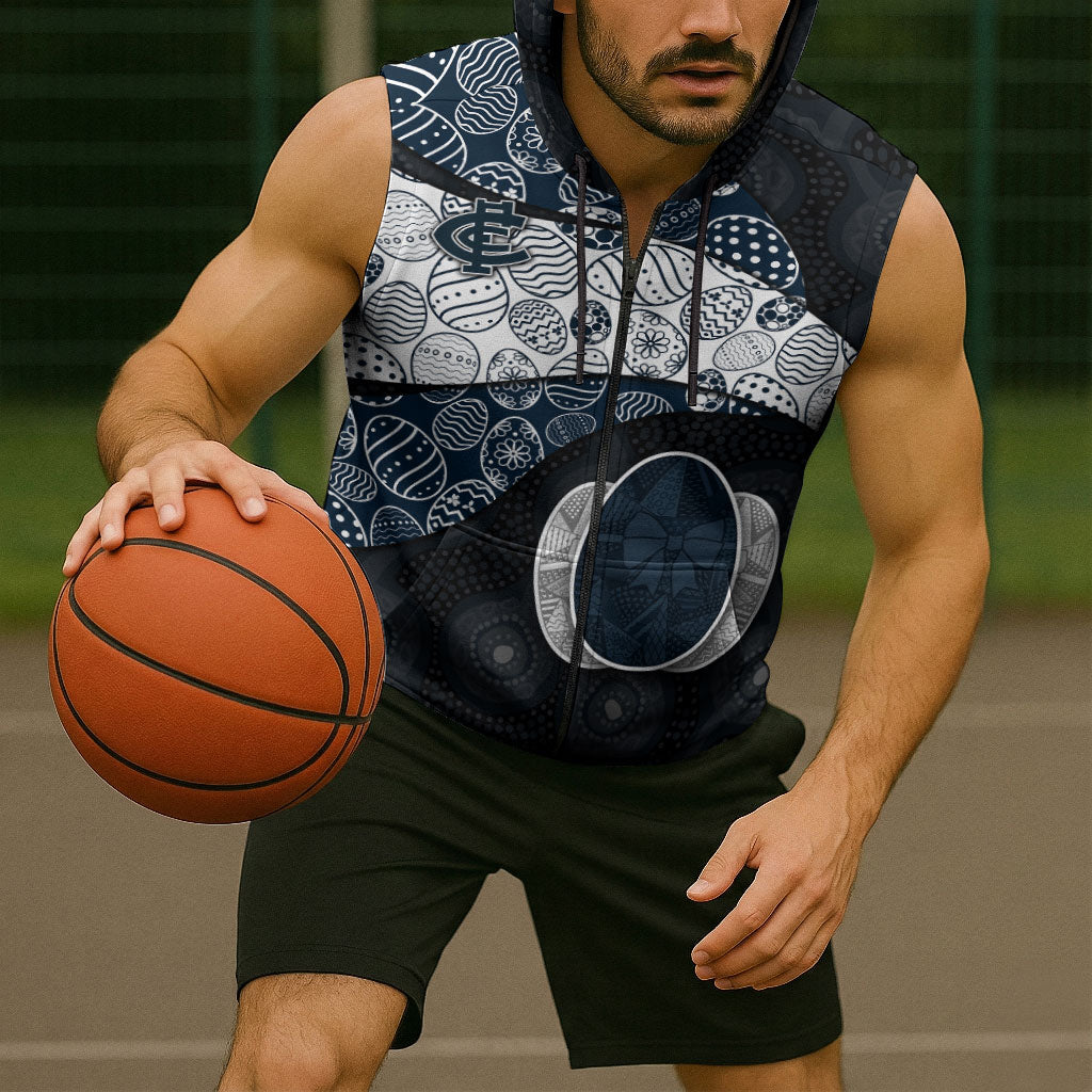 Personalized Carlton Football Sleeveless Zip Hoodie Easter Egg Pattern Navy Monochrome Tribal Dot Style