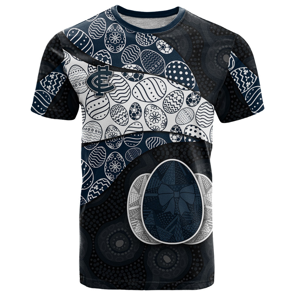 Personalized Carlton Football T Shirt Easter Egg Pattern Navy Monochrome Tribal Dot Style