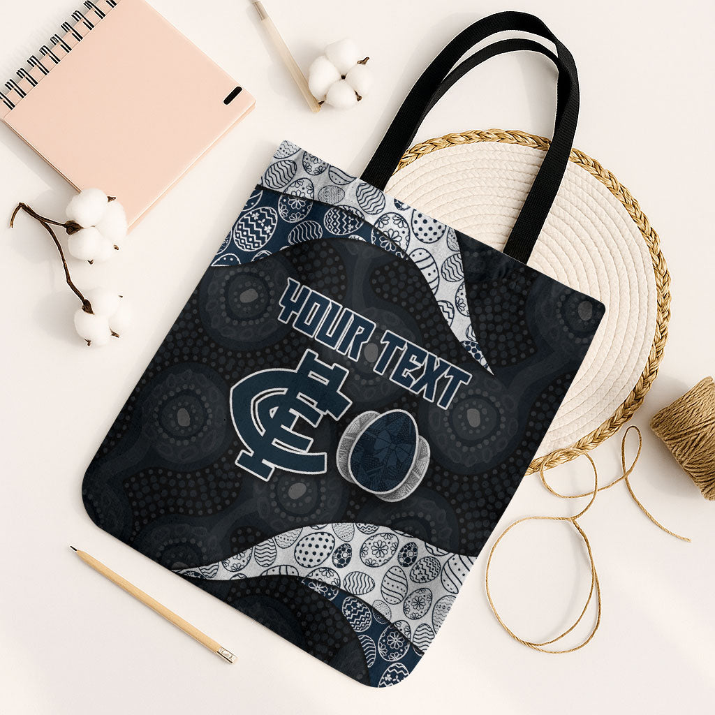 Personalized Carlton Football Tote Bag Easter Egg Pattern Navy Monochrome Tribal Dot Style
