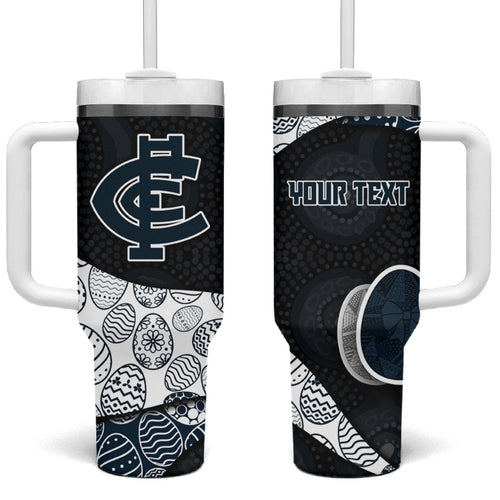 Personalized Carlton Football Tumbler With Handle Easter Egg Pattern Navy Monochrome Tribal Dot Style