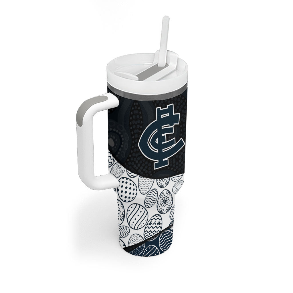 Personalized Carlton Football Tumbler With Handle Easter Egg Pattern Navy Monochrome Tribal Dot Style