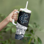 Personalized Carlton Football Tumbler With Handle Easter Egg Pattern Navy Monochrome Tribal Dot Style