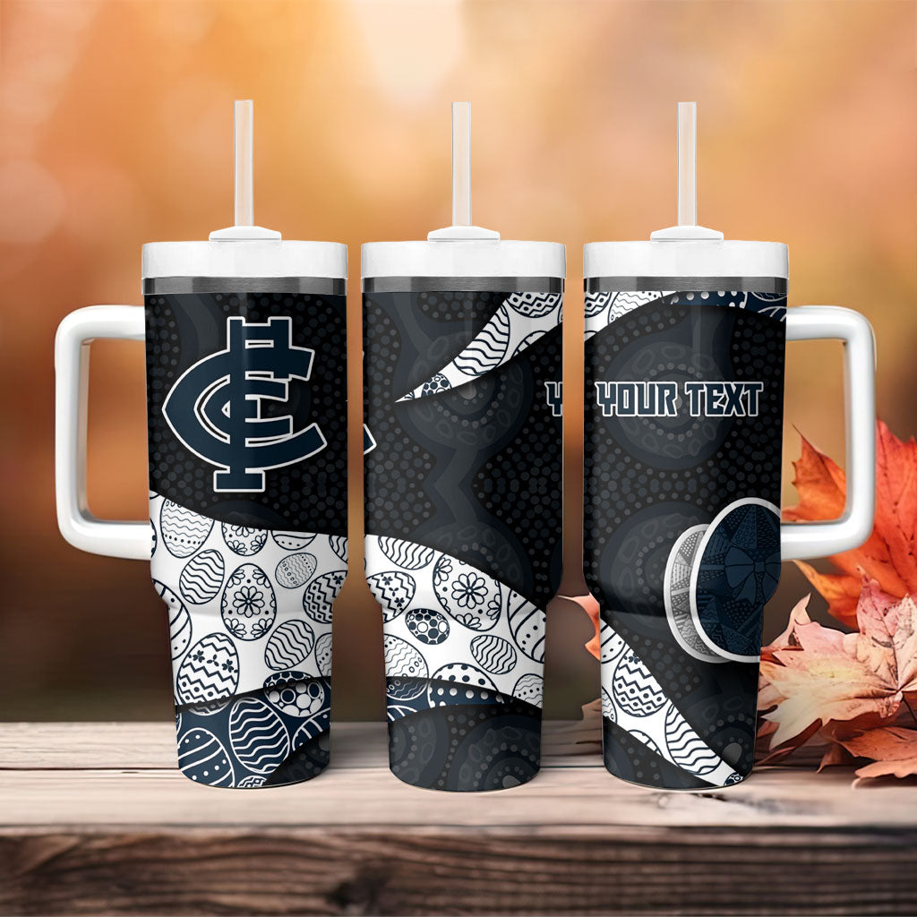 Personalized Carlton Football Tumbler With Handle Easter Egg Pattern Navy Monochrome Tribal Dot Style