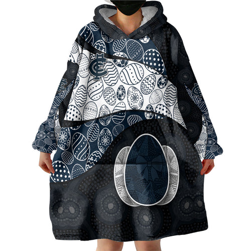 Personalized Carlton Football Wearable Blanket Hoodie Easter Egg Pattern Navy Monochrome Tribal Dot Style