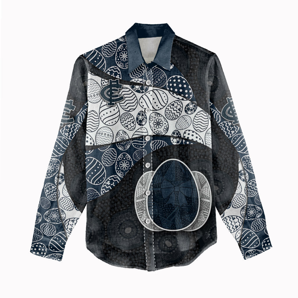 Personalized Carlton Football Women Casual Shirt Easter Egg Pattern Navy Monochrome Tribal Dot Style