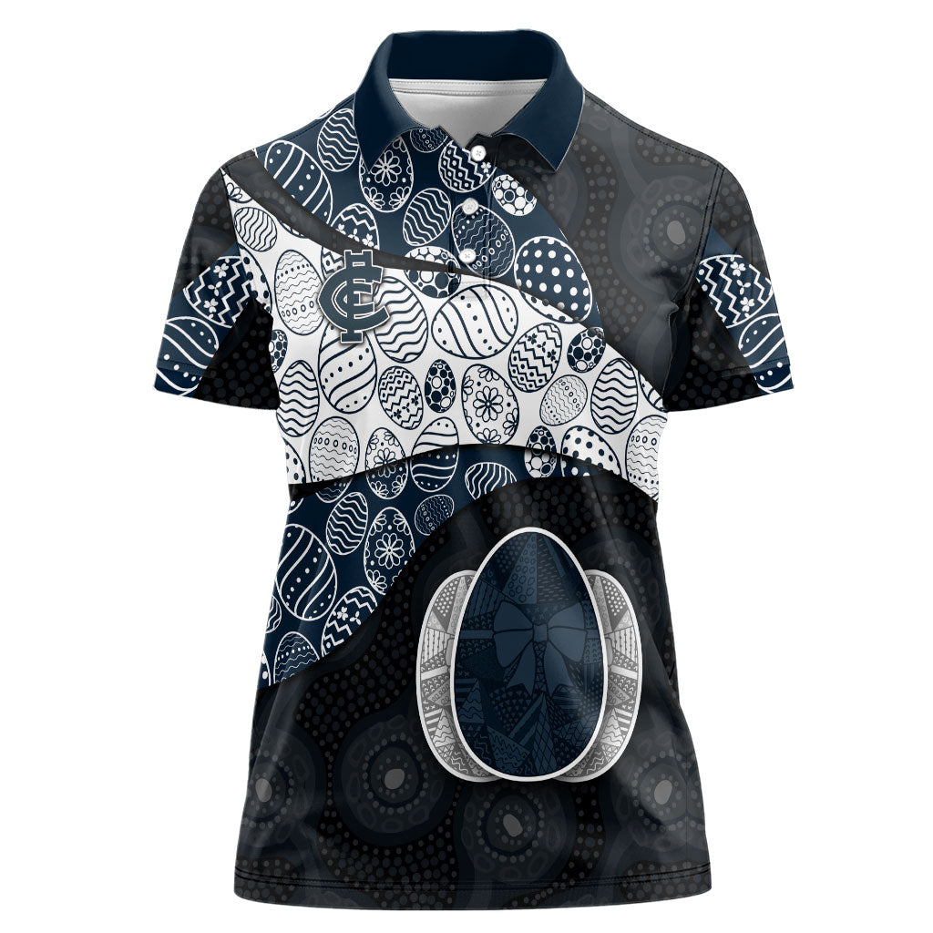 Personalized Carlton Football Women Polo Shirt Easter Egg Pattern Navy Monochrome Tribal Dot Style