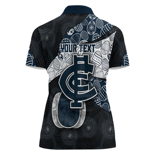 Personalized Carlton Football Women Polo Shirt Easter Egg Pattern Navy Monochrome Tribal Dot Style