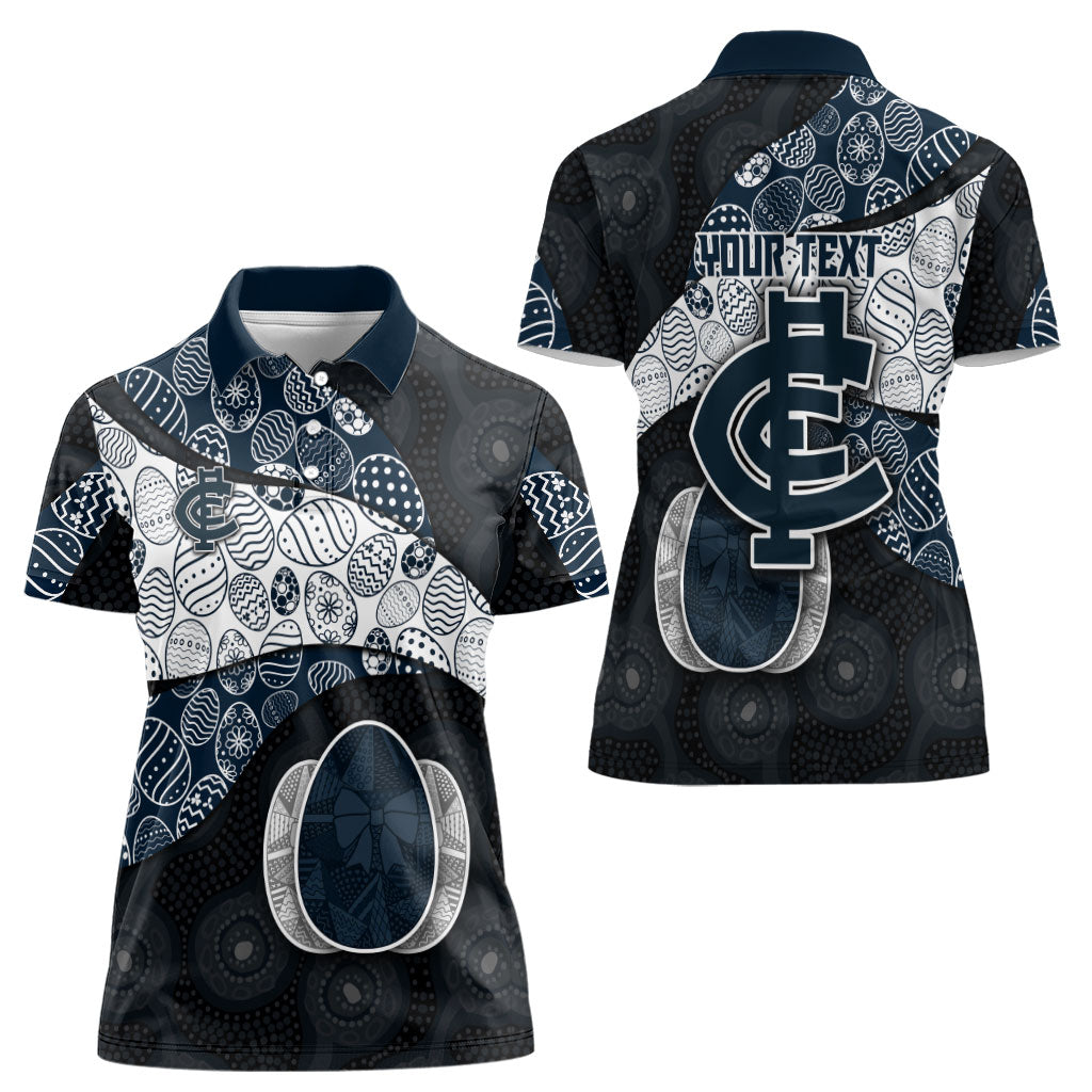 Personalized Carlton Football Women Polo Shirt Easter Egg Pattern Navy Monochrome Tribal Dot Style