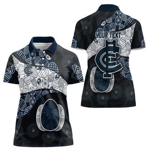 Personalized Carlton Football Women Polo Shirt Easter Egg Pattern Navy Monochrome Tribal Dot Style