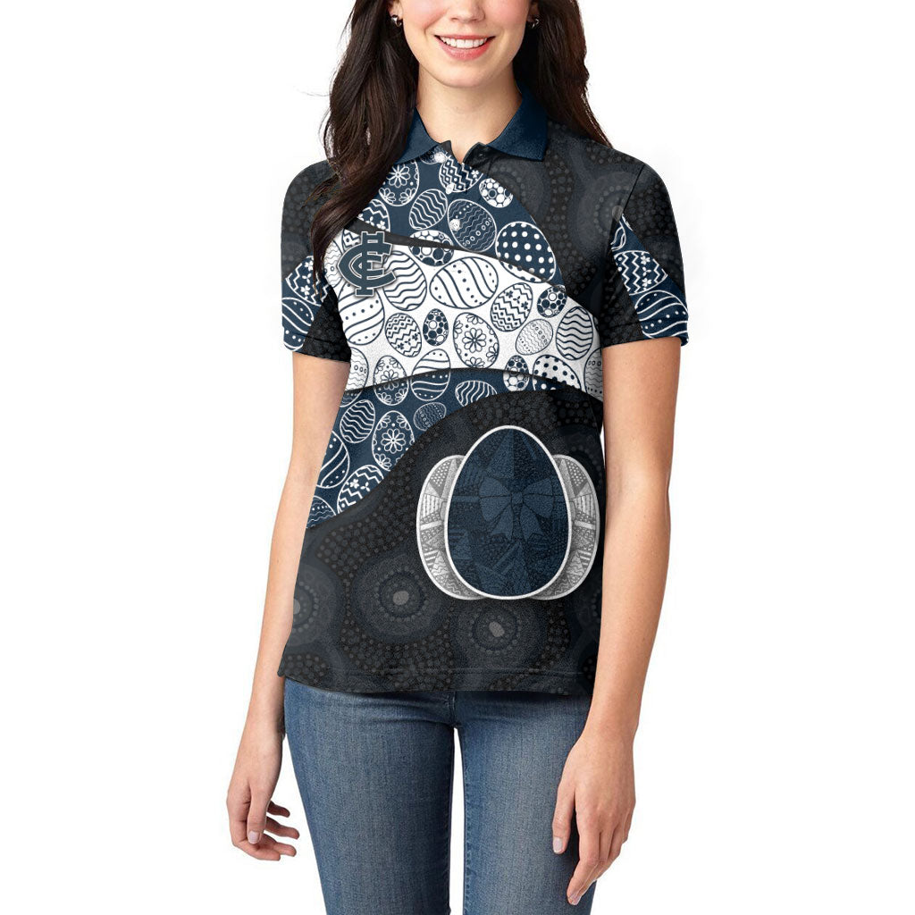 Personalized Carlton Football Women Polo Shirt Easter Egg Pattern Navy Monochrome Tribal Dot Style