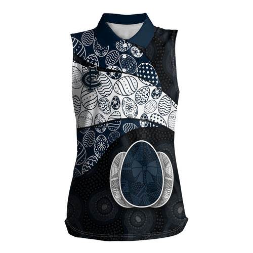 Personalized Carlton Football Women Sleeveless Polo Shirt Easter Egg Pattern Navy Monochrome Tribal Dot Style