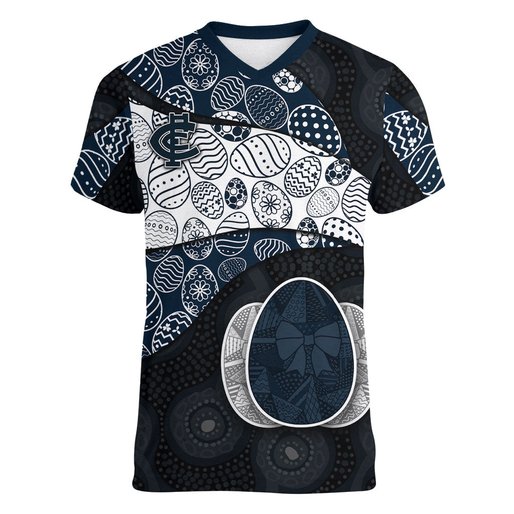Personalized Carlton Football Women V-Neck T-Shirt Easter Egg Pattern Navy Monochrome Tribal Dot Style