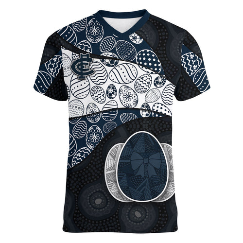 Personalized Carlton Football Women V-Neck T-Shirt Easter Egg Pattern Navy Monochrome Tribal Dot Style