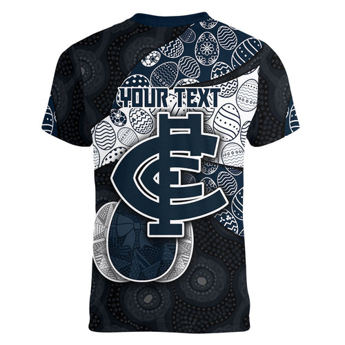 Personalized Carlton Football Women V-Neck T-Shirt Easter Egg Pattern Navy Monochrome Tribal Dot Style