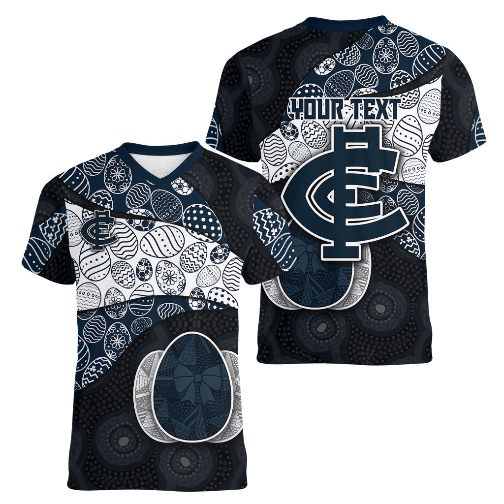 Personalized Carlton Football Women V-Neck T-Shirt Easter Egg Pattern Navy Monochrome Tribal Dot Style