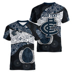 Personalized Carlton Football Women V-Neck T-Shirt Easter Egg Pattern Navy Monochrome Tribal Dot Style