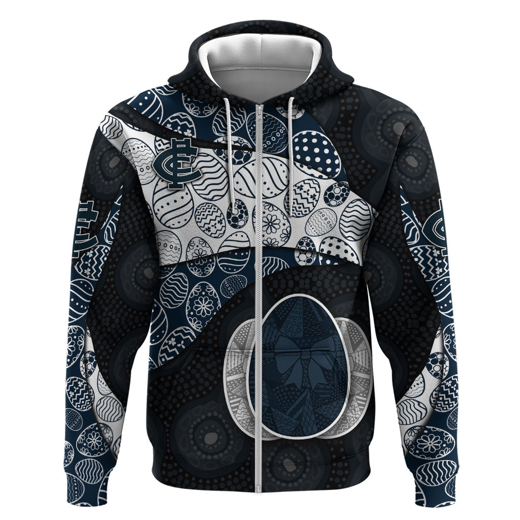Personalized Carlton Football Zip Hoodie Easter Egg Pattern Navy Monochrome Tribal Dot Style