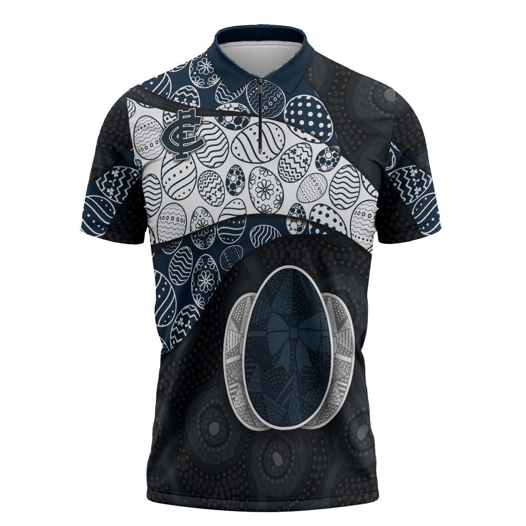 Personalized Carlton Football Zipper Polo Shirt Easter Egg Pattern Navy Monochrome Tribal Dot Style