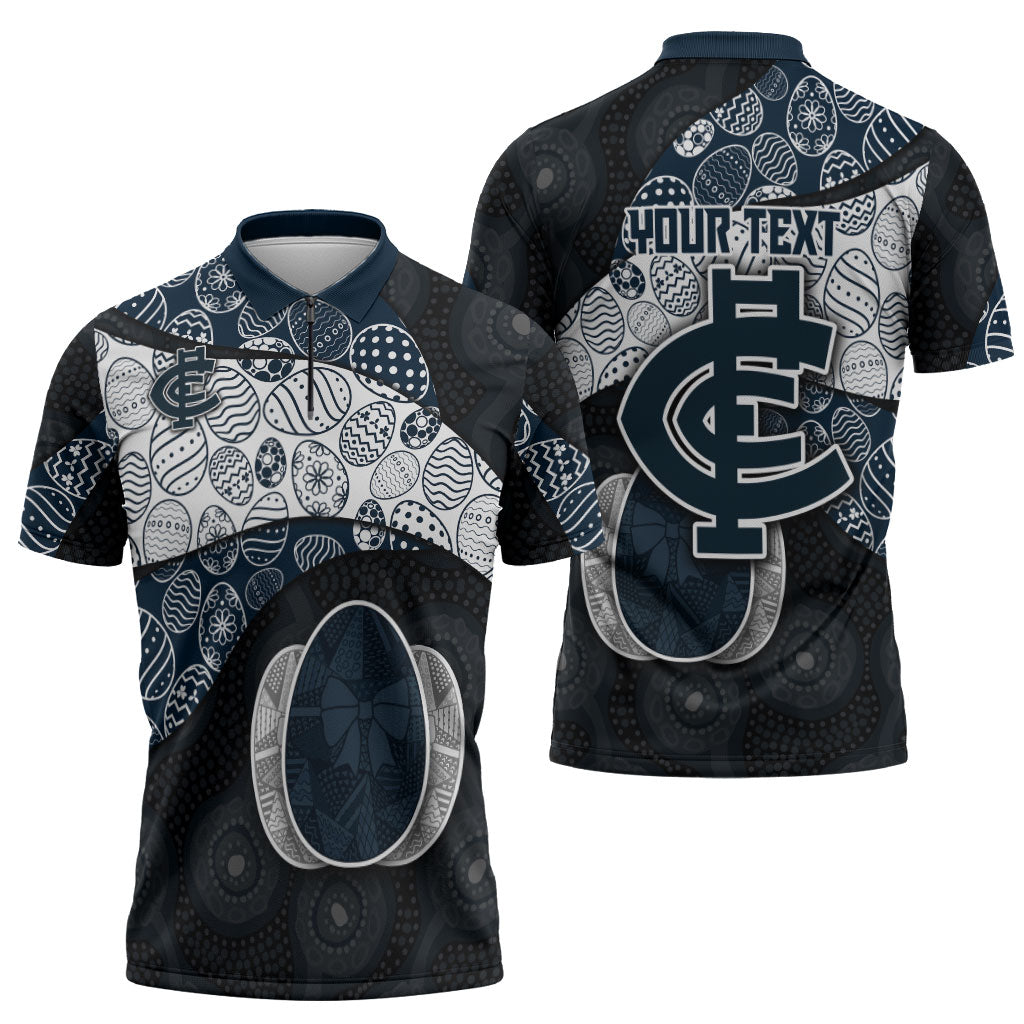 Personalized Carlton Football Zipper Polo Shirt Easter Egg Pattern Navy Monochrome Tribal Dot Style