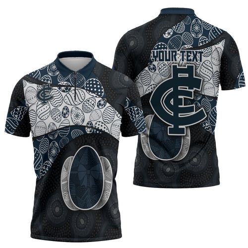 Personalized Carlton Football Zipper Polo Shirt Easter Egg Pattern Navy Monochrome Tribal Dot Style