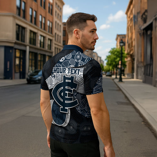 Personalized Carlton Football Zipper Polo Shirt Easter Egg Pattern Navy Monochrome Tribal Dot Style