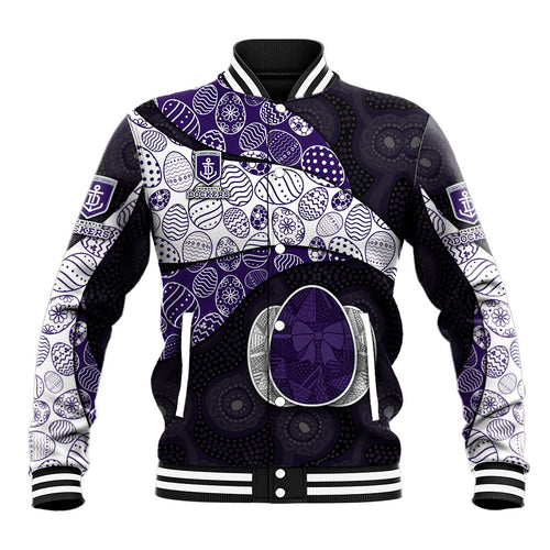 Personalized Fremantle Dockers Football Baseball Jacket Easter Egg Pattern Purple Monochrome Tribal Dot Style