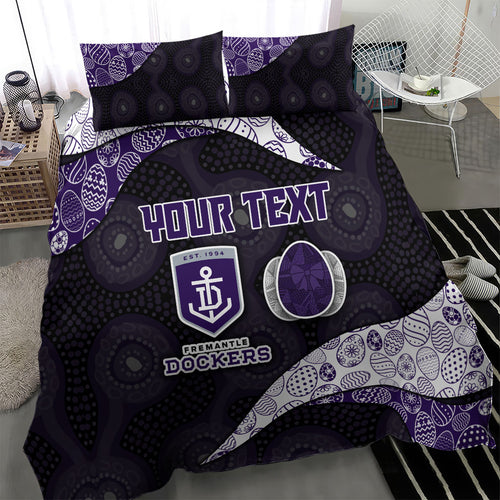 Personalized Fremantle Dockers Football Bedding Set Easter Egg Pattern Purple Monochrome Tribal Dot Style