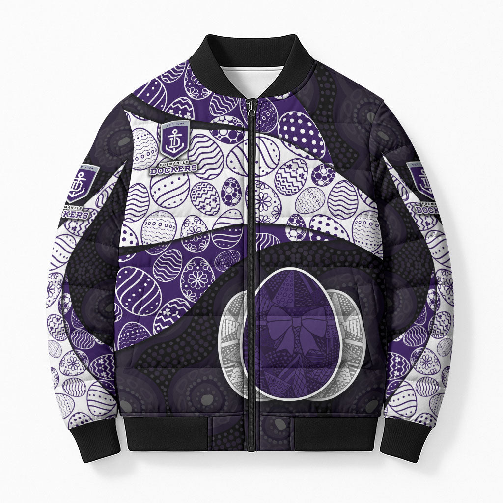 Personalized Fremantle Dockers Football Bomber Puffer Jacket Easter Egg Pattern Purple Monochrome Tribal Dot Style