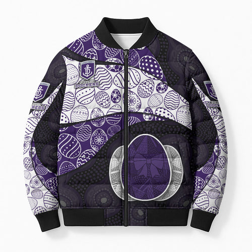Personalized Fremantle Dockers Football Bomber Puffer Jacket Easter Egg Pattern Purple Monochrome Tribal Dot Style