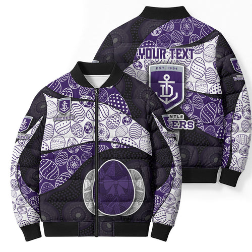 Personalized Fremantle Dockers Football Bomber Puffer Jacket Easter Egg Pattern Purple Monochrome Tribal Dot Style