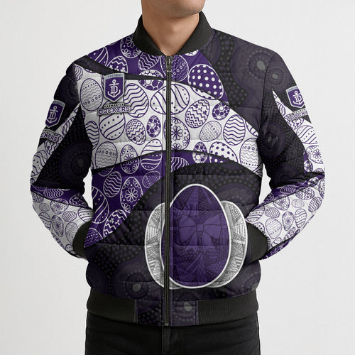 Personalized Fremantle Dockers Football Bomber Puffer Jacket Easter Egg Pattern Purple Monochrome Tribal Dot Style