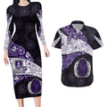 Personalized Fremantle Dockers Football Couples Matching Long Sleeve Bodycon Dress and Hawaiian Shirt Easter Egg Pattern Purple Monochrome Tribal Dot Style
