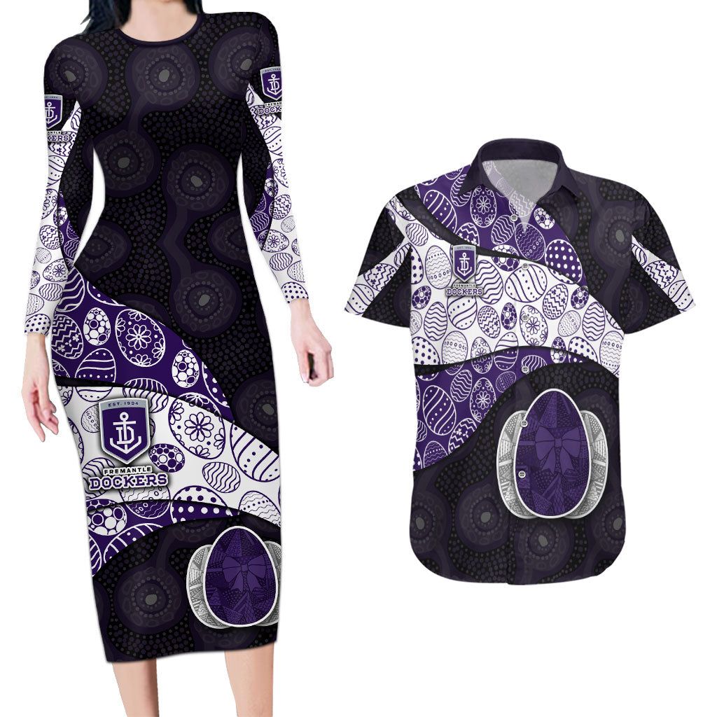 Personalized Fremantle Dockers Football Couples Matching Long Sleeve Bodycon Dress and Hawaiian Shirt Easter Egg Pattern Purple Monochrome Tribal Dot Style