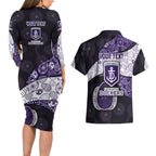 Personalized Fremantle Dockers Football Couples Matching Long Sleeve Bodycon Dress and Hawaiian Shirt Easter Egg Pattern Purple Monochrome Tribal Dot Style