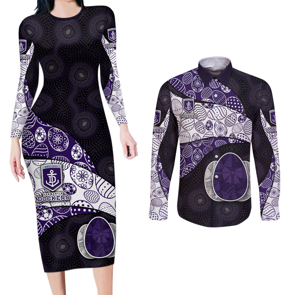 Personalized Fremantle Dockers Football Couples Matching Long Sleeve Bodycon Dress and Long Sleeve Button Shirt Easter Egg Pattern Purple Monochrome Tribal Dot Style