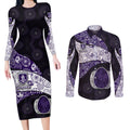 Personalized Fremantle Dockers Football Couples Matching Long Sleeve Bodycon Dress and Long Sleeve Button Shirt Easter Egg Pattern Purple Monochrome Tribal Dot Style