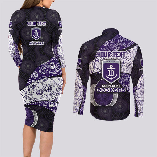 Personalized Fremantle Dockers Football Couples Matching Long Sleeve Bodycon Dress and Long Sleeve Button Shirt Easter Egg Pattern Purple Monochrome Tribal Dot Style
