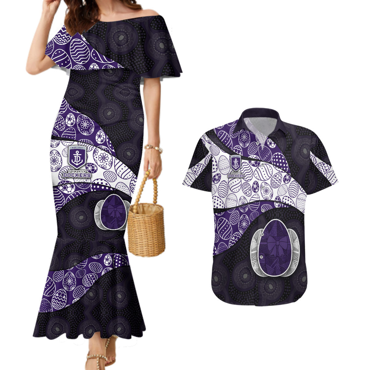 Personalized Fremantle Dockers Football Couples Matching Mermaid Dress and Hawaiian Shirt Easter Egg Pattern Purple Monochrome Tribal Dot Style